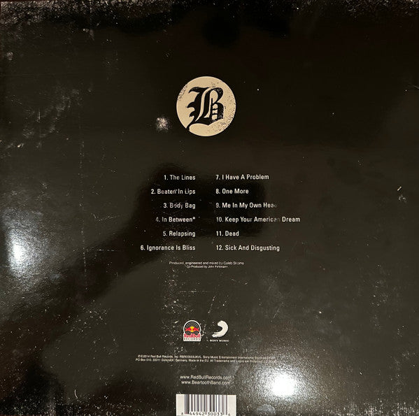 Image of Back Cover of LP - VG/VG+ - BEARTOOTH, Disgusting (Red Bull Records; RBR03003UKVL, UK 2014, Pop Up Gatefold, No Sticker Sheet, 180g White Vinyl), Light edge wear. No sticker sheet. One sticker stuck on pop up inside gatefold. ,  - 3046247S