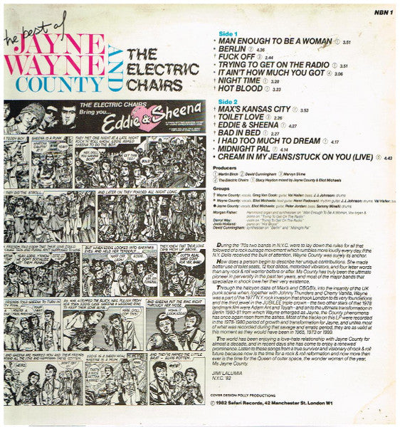 Image of Back Cover of LP - VG/VG+ - JAYNE / WAYNE COUNTY AND THE ELECTRIC CHAIRS, The Best Of Jayne / Wayne County & The Electric Chairs (Safari Records; NBN 1, UK 1982, Blue Translucent Vinyl), Light wear on back cover,  - 3046216S
