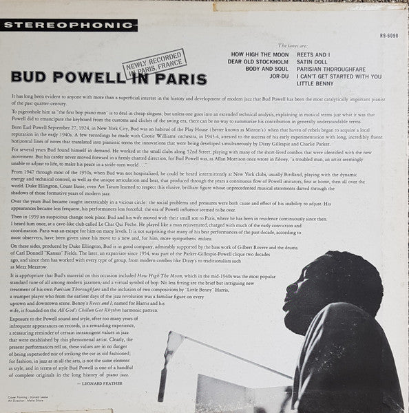 Image of Back Cover of LP - VG+/VG+ - BUD POWELL, Bud Powell In Paris (Reprise Records; P-7512R, Japan 1976 Reissue, Insert), Sleeve has cut corner. Insert mottled,  - 3016329C
