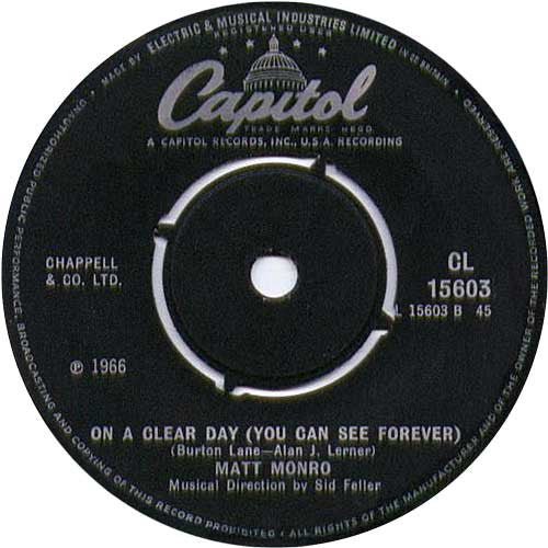 Image of Back Cover of 7" - VG/VG - MATT MONRO, On Days Like These (Capitol Records Black Labels, 4-Prong Centre; CL 15603, UK 1969, Company Sleeve, From Film "The Italian Job", Produced By George Martin), Light marks, sounds fine.,  - 3016287C