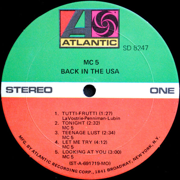 Image of Label Cover of LP - VG/VG+ - MC5, Back In The USA (Atlantic; SD 8247, US 1970, Pasteback Sleeve, Company Inner, Monarch Pressing), Promo notch cut in bottom edge,  - 3046237S