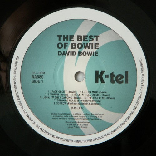 Image of Label Cover of LP - VG/VG+ - DAVID BOWIE, The Best Of Bowie (K-Tel; NA 580, New Zealand 1980s Reissue), Scuffs, edge wear, import sticker on back cover,  - 3846240S