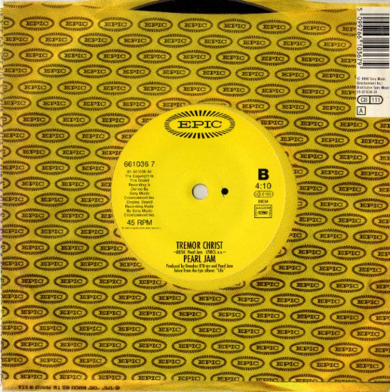 Image of Back Cover of 7" - VG+/VG+ - PEARL JAM, Spin The Black Circle (Epic Yellow Labels; 661036 7, Europe 1994, Hype Stickered Company Sleeve), ,  - 3016338C