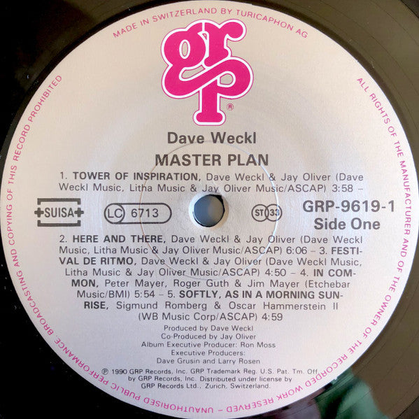 Image of Label Cover of LP - VG/VG+ - DAVE WECKL, Master Plan (GRP; GRP-9619-1, Switzerland 1990), Edge and ring wear. Old shop sticker on cover.,  - 3046149S