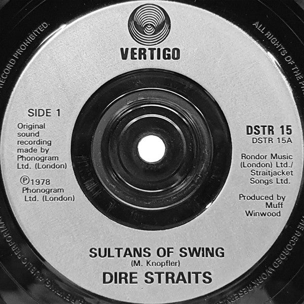 Image of Label Cover of 7" - VG/VG+ - DIRE STRAITS, Sultans Of Swing / Portobello Belle - Live (Vertigo Silver Injection Labels; DSTR 15, UK 1988, Picture Sleeve), Light mark or two on side B.,  - 3016339C