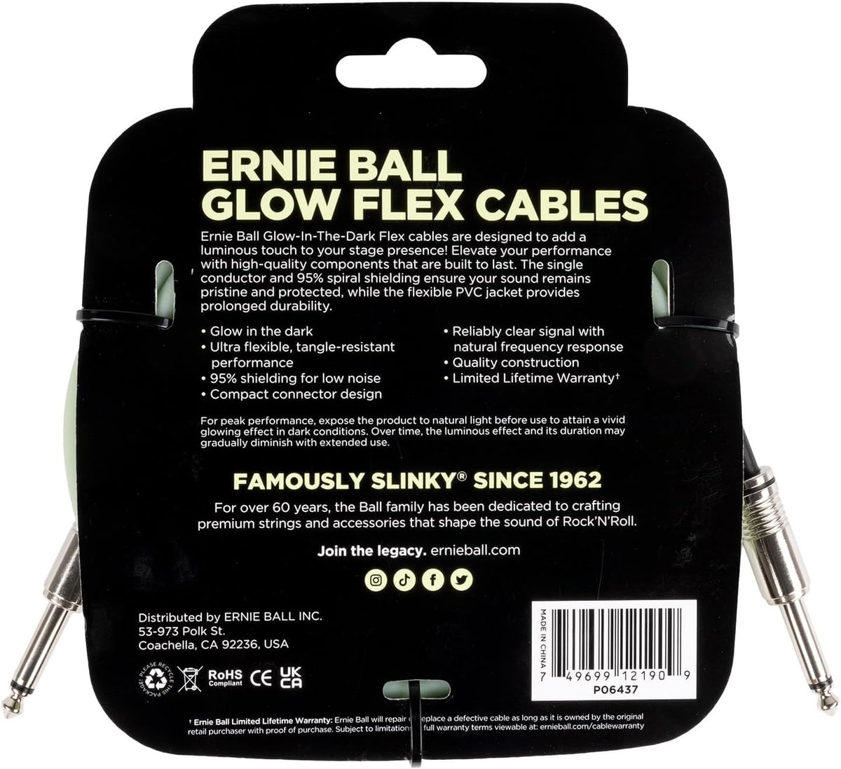 Image of Back Cover of Accessories - NEW/NEW - ERNIE BALL, FLEX INSTRUMENT CABLE STRT/STRT 20FT - GLOW IN THE DARK (, UK ), ,  - 3016366C