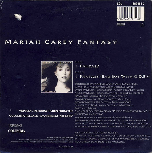 Image of Back Cover of 7" - VG/VG - MARIAH CAREY, Fantasy (Columbia; 662461 7, Europe 1995, Picture Sleeve, Large Centre), Scuff on A side, hairlines. Faint ring wear, creasing, corner wear.,  - 3056171S
