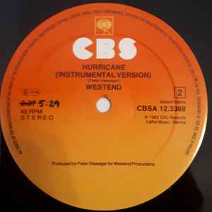 Image of Back Cover of 12" - /VG - WESTEND, Hurricane (CBS; A 12.3388, Europe 1983, Plain Sleeve, Austria 1983 Euro Vision Song Contest), light marks only. plain white sleeve (no picture sleeve),  - 3046337S