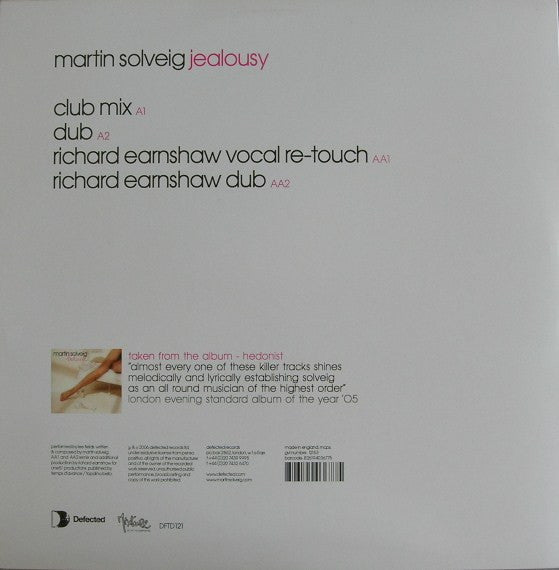 Image of Back Cover of 12" - VG/G+ - MARTIN SOLVEIG, Jealousy (Part One) (Defected; DFTD121, UK 2006), Light marks and scuffs. ,  - 3016351C
