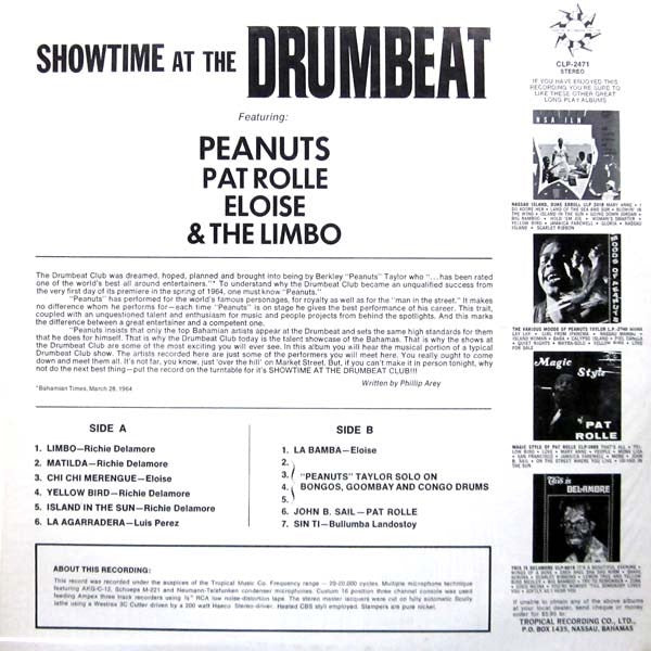 Image of Back Cover of LP - VG/VG - PEANUTS, PAT ROLLE, ELOISE & THE LIMBO, Showtime At The Drumbeat (Tropical Recording Co., Ltd.; CLP-2471, Bahamas, The 1964, Pasteback Sleeve), ,  - 3016392C
