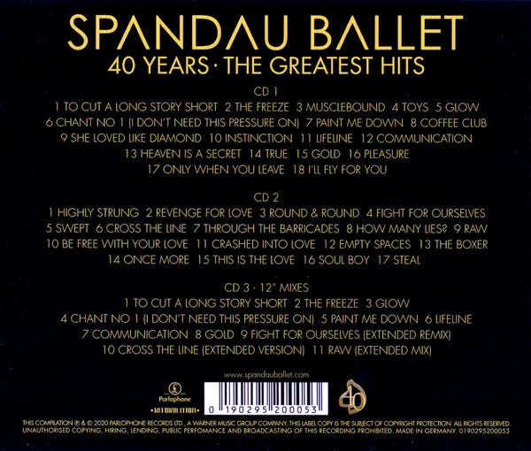 Image of Back Cover of 3xCD - VG+/VG+ - SPANDAU BALLET, 40 Years: The Greatest Hits (Parlophone; 0190295200053, UK 2020, Booklet), ,  - 3016406C