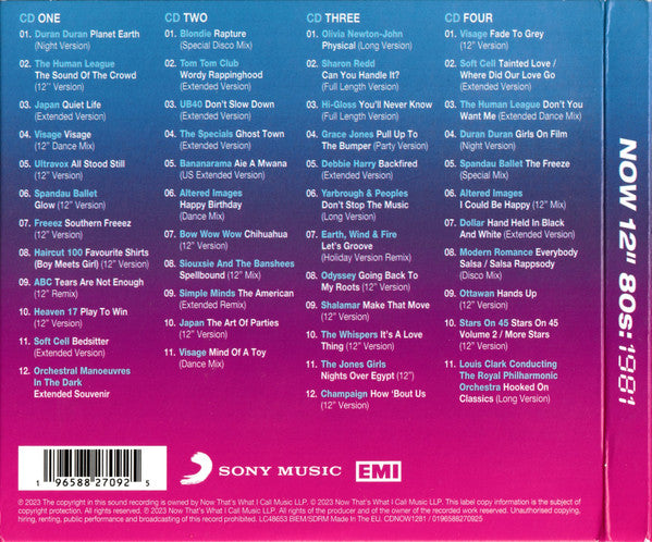 Image of Back Cover of 4xCD - VG+/EX - VARIOUS, Now 12" 80s: 1981 (Sony Music; CDNOW1281, UK & Europe 2023, Quadruple Gatefold), ,  - 3036191E