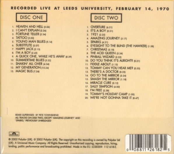 Image of Back Cover of 2xCD - VG/VG+ - THE WHO, Live At Leeds (Polydor; 112 618-2, Europe 2000s Reissue, Quadruple Digipak In Plastic Slipcase, Insert), ,  - 3016411C