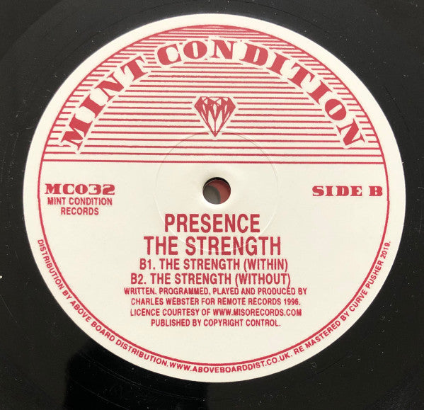Image of Back Cover of 12" - VG/VG - PRESENCE, The Strength (Mint Condition; MC032, UK 2019, Company Sleeve), Light Marks only., A1	Gettin' LiftedA2	Feelin' LiftedB1	The Strength (Within)B2	The Strength (Without) - 3026279E