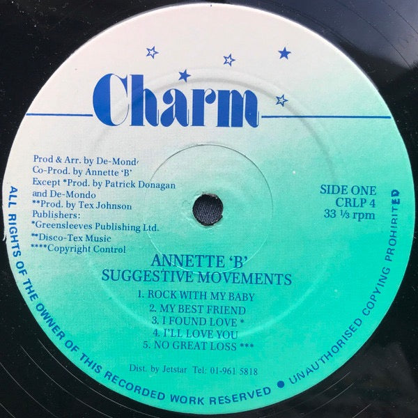 Image of Label Cover of LP - VG/VG+ - ANNETTE 'B', Suggestive Movements (Charm; CRLP 4, UK ), ,  - 3016395C