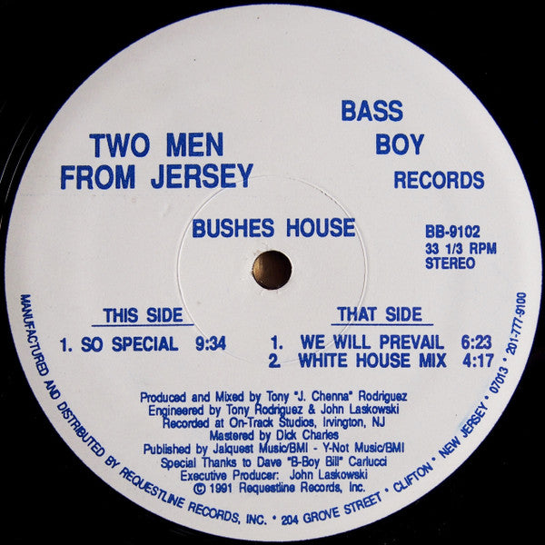 Image of Front Cover of 12" - /VG - TWO MEN FROM JERSEY, Bushes House (Bass Boy Records ; BB-9102, US 1991, Plain Sleeve), ,  - 3026280E