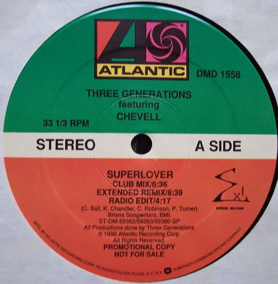 Image of Front Cover of 12" - VG/VG+ - THREE GENERATIONS FEATURING CHEVELL*, Superlover (Atlantic ; DMD 1558, US 1990, Stickered Plain Sleeve), open shrink w/ hype sticker,  - 3146031S