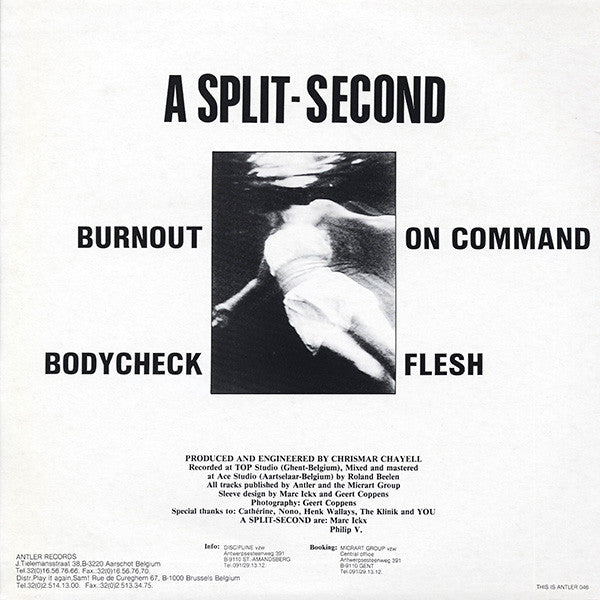 Image of Back Cover of 12" EP - VG/VG - A SPLIT - SECOND, A Split - Second (Antler Records; ANTLER 046, Belgium 1986, SideA/B labels (not 1/2)), NB: Sleeve is from different version, has block text on bottom left and no text sideways on bottom right. Strong VG, a few hairlines, side2 label has titles highlighted, edge wear,  - 3146010S