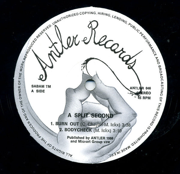 Image of Label Cover of 12" EP - VG/VG - A SPLIT - SECOND, A Split - Second (Antler Records; ANTLER 046, Belgium 1986, SideA/B labels (not 1/2)), NB: Sleeve is from different version, has block text on bottom left and no text sideways on bottom right. Strong VG, a few hairlines, side2 label has titles highlighted, edge wear,  - 3146010S