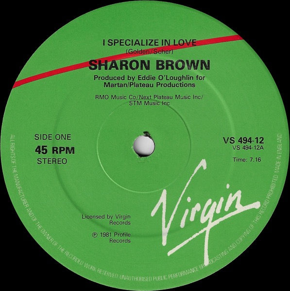 Image of Label Cover of 12" - VG/VG - SHARON BROWN, I Specialize In Love (Virgin; VS 494-12, UK 1982, Picture Sleeve, Vocal Mix Version), Light Marks only., This edition is visually identical to the regular edition but side B plays the Vocal Remix version, which is 113.5 BPM and has duration 6:08. The B-side label is the same as on the original, wrongly stating Instrumental with duration 6:00. - 3116009C
