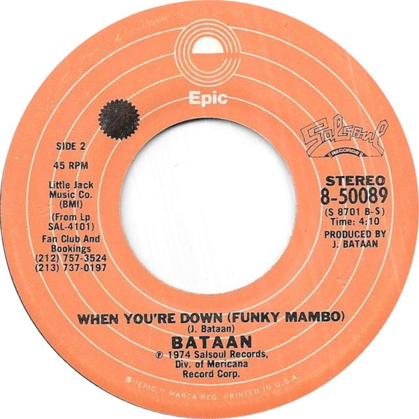 Image of Back Cover of 7" - /VG - BATAAN, The Bottle (La Botella) (Epic; 8-50089, US 1974, Plain Sleeve), Light Marks only.,  - 3116010C
