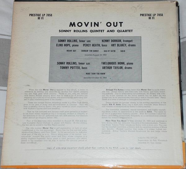 Image of Back Cover of LP - VG+/VG+ - SONNY ROLLINS, Moving Out (Prestige Deep Groove, NJ Address; LP 7058, US 1958, No Prestige Address on Rear Sleeve), ,  - 3126031E