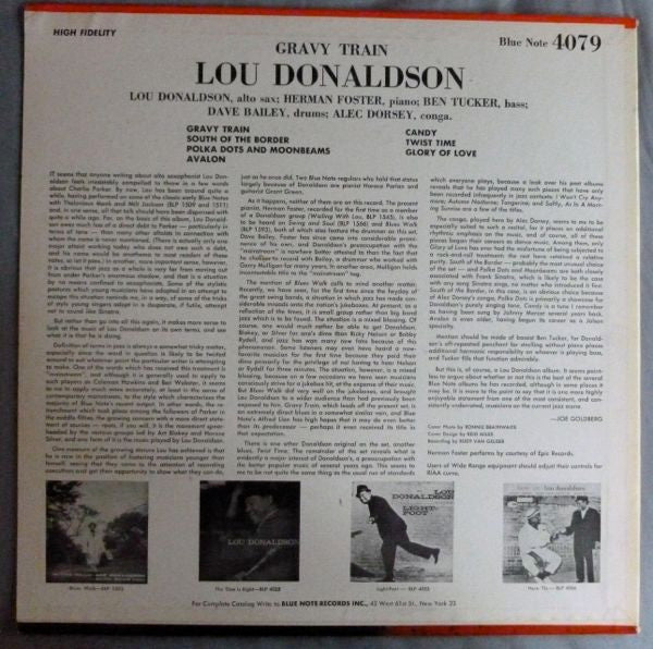 Image of Back Cover of LP - VG/VG - LOU DONALDSON, Gravy Train (Blue Note - New York Address, No Deep Groove on Either Side; BLP 4079, US 1962, Pasteback Sleeve, Mono; 'RVG' & ear in runout), Strong VG, Company Inner, Theresa Written in Ball Pen on Rear Sleeve,  - 3126032E