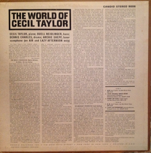 Image of Back Cover of LP - VG/VG - CECIL TAYLOR, The World Of Cecil Taylor (Candid Deep Groove; 9006, US 1961), Minor tear to rear Paper Sleeve In Bottom Left Corner,  - 3126035E