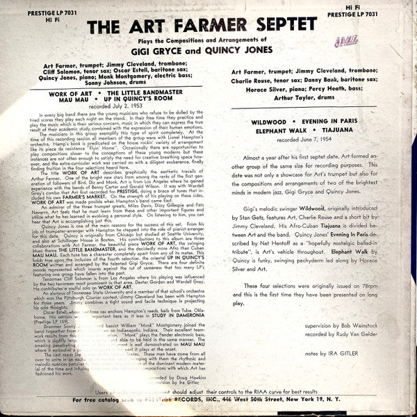 Image of Back Cover of LP - VG/VG - THE ART FARMER SEPTET, The Art Farmer Septet (Prestige NYC Address, Deep Groove; PRLP 7031, US 1956), Some Edge and Ring Wear.,  - 3126036E