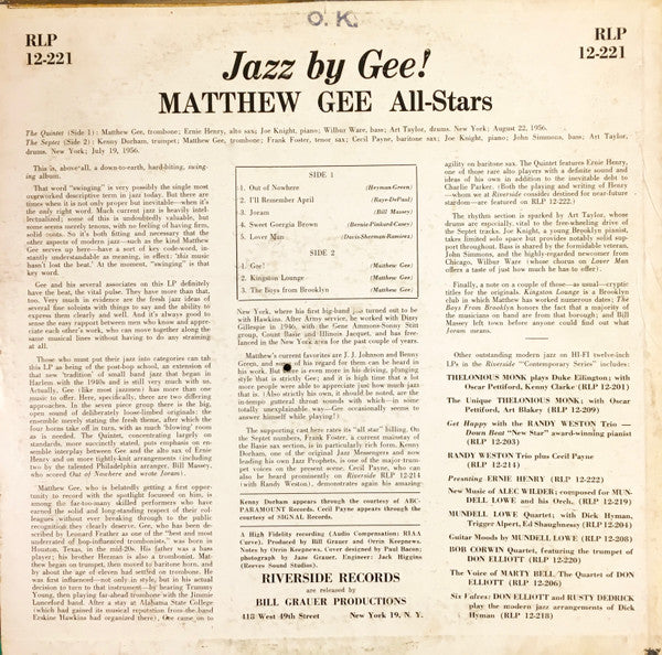 Image of Back Cover of LP - VG+/VG - MATTHEW GEE ALL-STARS, Jazz By Gee (Riverside Records White and Blue Label, Deep Groove; RLP 12-221, US 1957, Jazz By Gee Correctly Spelt on Both Labels), ,  - 3126037E