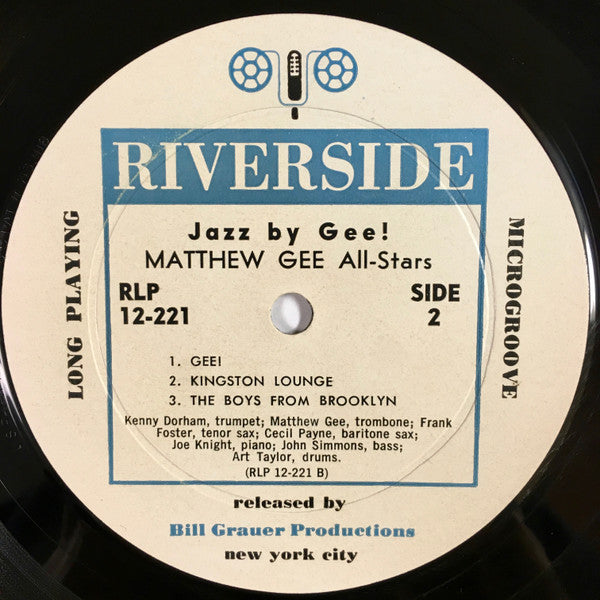 Image of Label Cover of LP - VG+/VG - MATTHEW GEE ALL-STARS, Jazz By Gee (Riverside Records White and Blue Label, Deep Groove; RLP 12-221, US 1957, Jazz By Gee Correctly Spelt on Both Labels), ,  - 3126037E