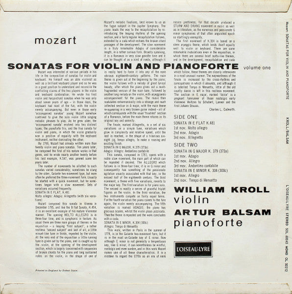 Image of Back Cover of LP - VG+/VG+ - WILLIAM KROLL, ARTHUR BALSAM, Mozart: Sonatas For Violin And Pianoforte (Volume One) (L'Oiseau-Lyre; SOL 60043, UK , Laminated Flipback Sleeve, K/T Tax Code, Stereo), ,  - 3126044E