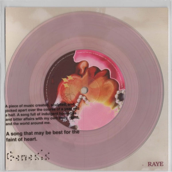 Image of Front Cover of 7" - VG/VG - RAYE, Genesis (Human Re Sources; none, UK, Europe & US 2024, Clear Plastic Stickered Sleeve, cardstock insert, Pink Translucent), Small split to right hand side of plastic sleeve. Some faint marks on disc.,  - 3116015C