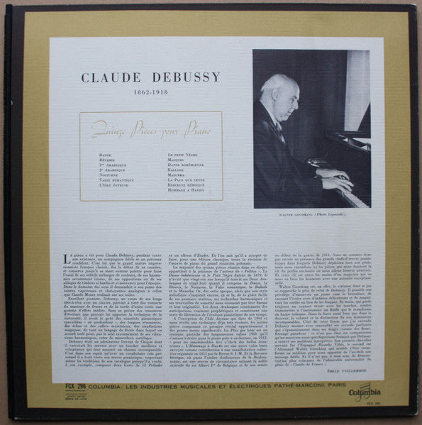 Image of Back Cover of LP - VG/VG - WALTER GIESEKING, Debussy: Quinze Pi ces Pour Piano (Columbia; FCX 296, France , Dowel Spine Sleeve), ,  - 3126045E
