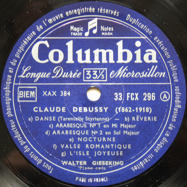 Image of Label Cover of LP - VG/VG - WALTER GIESEKING, Debussy: Quinze Pi ces Pour Piano (Columbia; FCX 296, France , Dowel Spine Sleeve), ,  - 3126045E