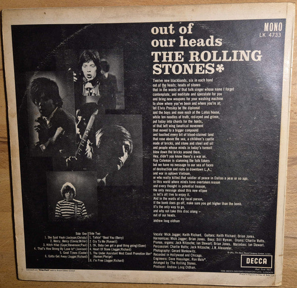 Image of Back Cover of LP - G+/VG - THE ROLLING STONES, Out Of Our Heads (Decca; LK 4733, UK 1965, Mono. Rear sleeve misprint - '965' instead of '1965'. Clout & Baker sleeve.), Light hairlines on the record. Sleeve has ringwear, name written on rear, creases.,  - 3126020E
