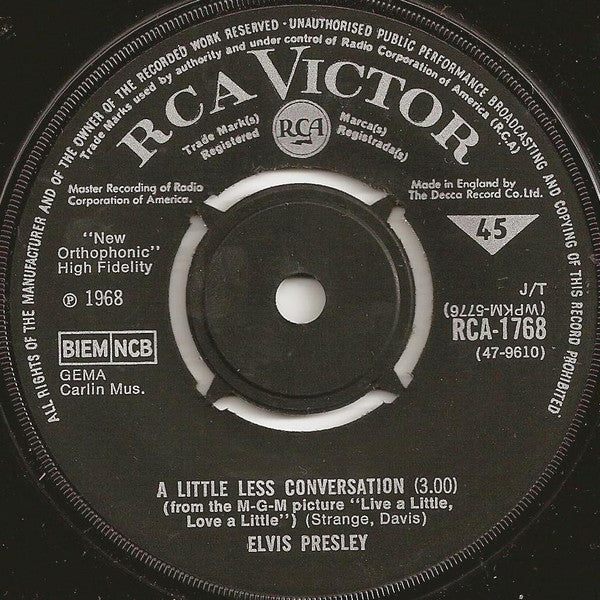 Image of Front Cover of 7" - /G+ - ELVIS PRESLEY, A Little Less Conversation / Almost In Love (RCA Victor; RCA-1768, UK 1968), Light scuffs and hairlines. ,  - 3156003S