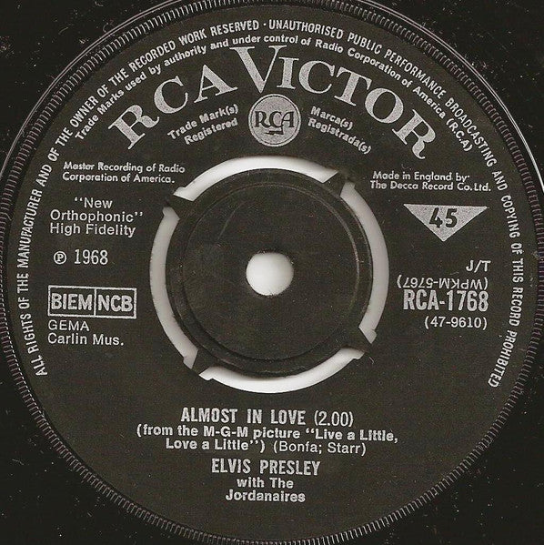 Image of Back Cover of 7" - /G+ - ELVIS PRESLEY, A Little Less Conversation / Almost In Love (RCA Victor; RCA-1768, UK 1968), Light scuffs and hairlines. ,  - 3156003S