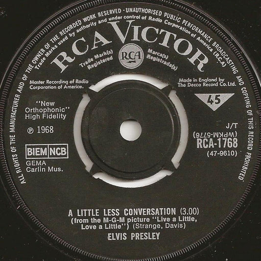 Image of Front Cover of 7" - /G+ - ELVIS PRESLEY, A Little Less Conversation / Almost In Love (RCA Victor; RCA-1768, UK 1968), Light scuffs and hairlines. ,  - 3156003S