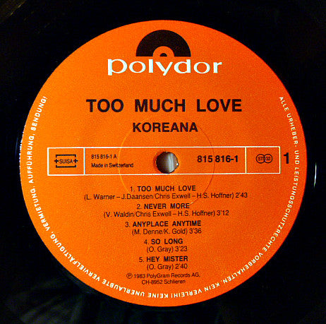 Image of Label Cover of LP - VG/VG+ - KOREANA, Too Much Love (Polydor; 815 816-1, Switzerland 1983), Sticker damage, edge wear, writing on back cover,  - 3146021S