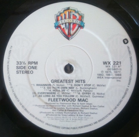 Image of Label Cover of LP - VG+/VG - FLEETWOOD MAC, Greatest Hits (Warner Bros. Records; 925 801-1, Europe 1988, Embossed Sleeve, Inner, Price Code WX 221), ,  - 3116039C