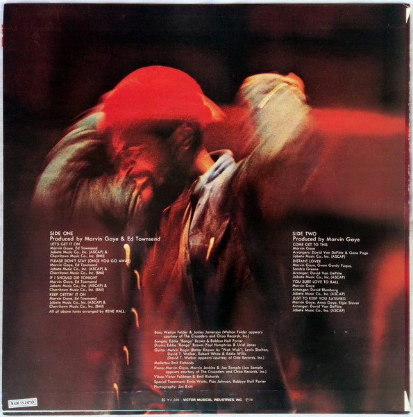Image of Back Cover of LP - G/G - MARVIN GAYE, Let's Get It On (Tamla Motown; CD4W-7089, Japan 1974, Quadraphonic), Many marks on the record. Sleeve has partial seam splits at top and bottom. Edgewear. Pen writing on front and rear.,  - 3126029E