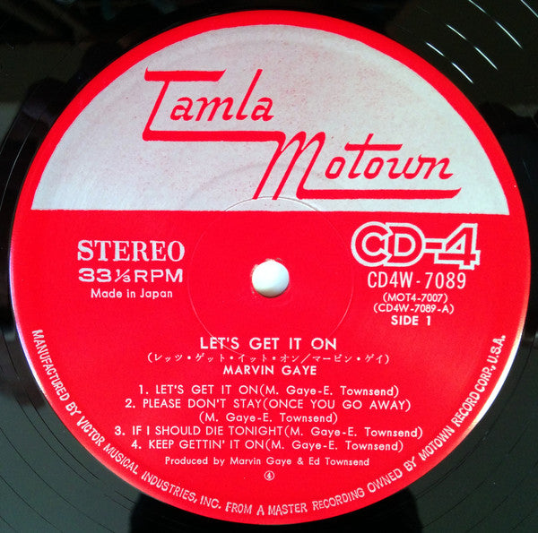 Image of Label Cover of LP - G/G - MARVIN GAYE, Let's Get It On (Tamla Motown; CD4W-7089, Japan 1974, Quadraphonic), Many marks on the record. Sleeve has partial seam splits at top and bottom. Edgewear. Pen writing on front and rear.,  - 3126029E