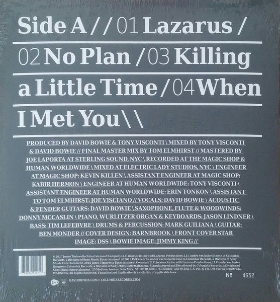 Image of Back Cover of 12" EP - VG+/VG+ - DAVID BOWIE, No Plan EP (Columbia; 88985421071, US 2017, Die Cut Sleeve, Clear thick plastic Inner, Lithograph, White Vinyl, Numbered, Etched B-side, lithograph packaged in seperate generic white sleeve), No. 0314, Still In Opened Shrinkwrap With Hype Sticker, lithograph still in tissue paper with seal sticker,  - 3146092S