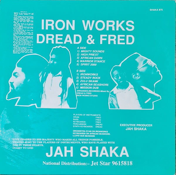 Image of Back Cover of LP - VG/VG+ - DREAD & FRED, Iron Works (Jah Shaka Music; SHAKA 875, UK 1989), Light wear on sleeve.,  - 3116134C