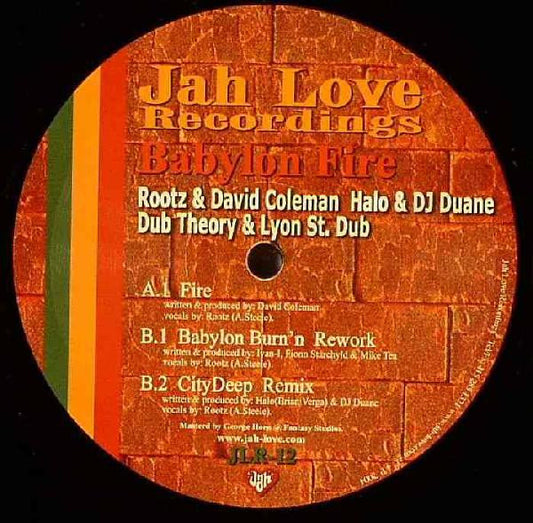 Image of Front Cover of 12" - /VG - VARIOUS, Babylon Fire (Jah Love Recordings; JLR-12, US 2004, Plain Sleeve), , A David Coleman   Babylon Fire (Fire)B1 Dub Theory & Lyon St. Dub   Babylon Fire (Babylon Burn'n Rework)B2 Halo & DJ Duane   Babylon Fire (City Deep Remix) - 3126104E