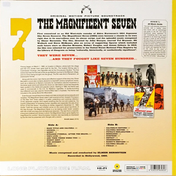 Image of Back Cover of LP - NEW/NEW - ELMER BERNSTEIN, The Magnificent Seven (WaxTime In Color; 950647, Europe 2018, Limited Edition, Stereo, 180g Yellow Vinyl), ,  - 3036146E