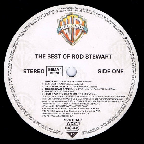 Image of Label Cover of LP - VG/VG - ROD STEWART, The Best Of Rod Stewart (Warner Bros. Records; 926 034-1, Europe 1989, Alsdorf Pressing), ,  - 3116091C