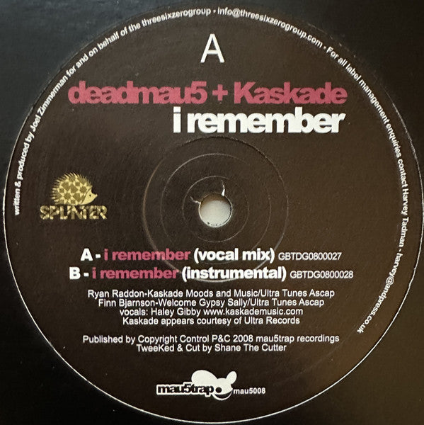 Image of Front Cover of 12" - /VG+ - DEADMAU5 + KASKADE, I Remember (Mau5trap Recordings; mau5008, UK 2016, Plain Sleeve, Repress), ,  - 3126145E