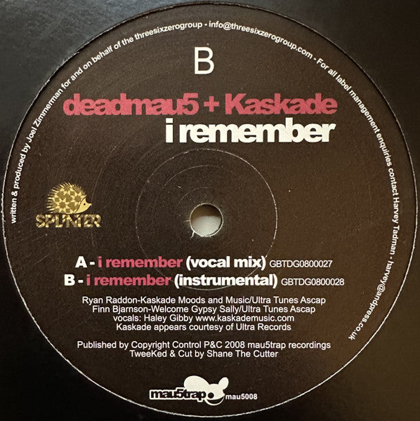 Image of Back Cover of 12" - /VG+ - DEADMAU5 + KASKADE, I Remember (Mau5trap Recordings; mau5008, UK 2016, Plain Sleeve, Repress), ,  - 3126145E